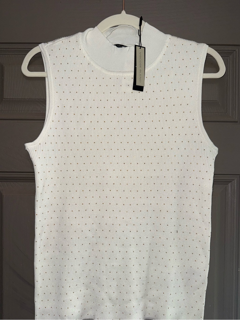 T Tahari White Sleeveless Mock Neck Tank with Metallic Dot Detail